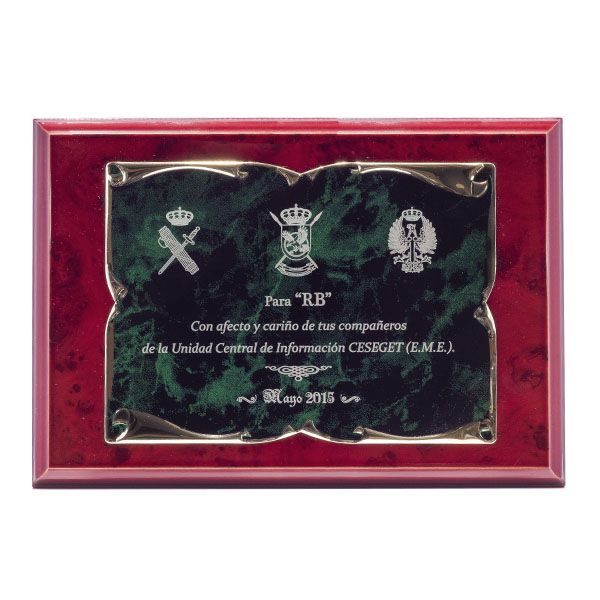 Placa conmemorativa verde con forma de pergamino para personalizar