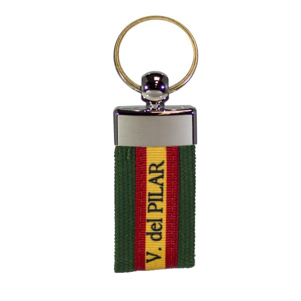 Llavero en material textil virgen del Pilar y Bandera España