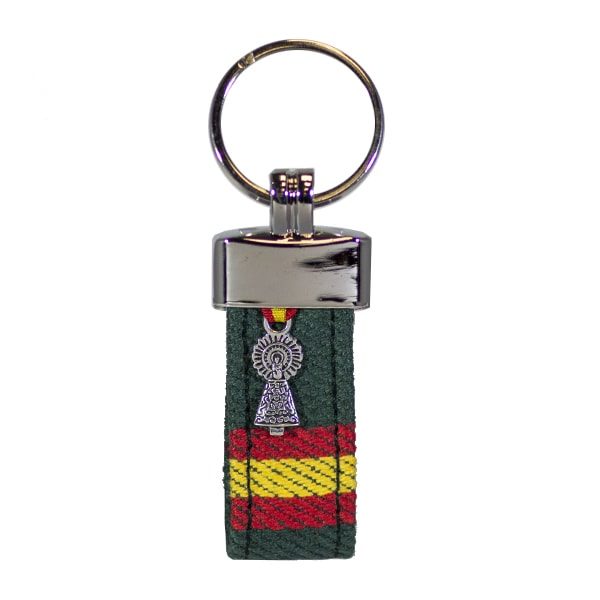 Llavero material textil verde con medalla Virgen del Pilar y Bandera España