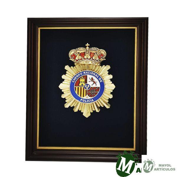 Cuadro de madera de 33x26 cm con fondo azul con Escudo Policía Nacional