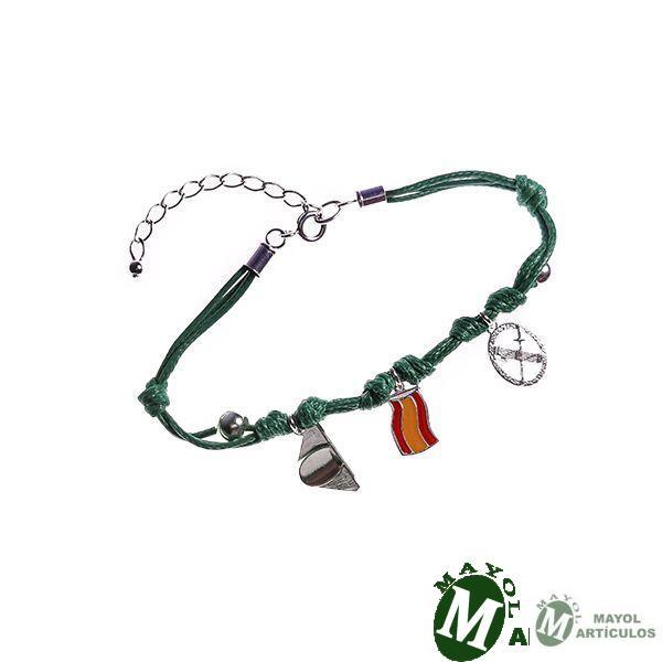 Pulsera cordon piel color verde con colgantes Guardia Civil