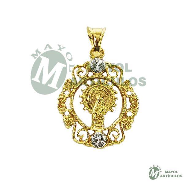 Colgante Virgen del Pilar  en plata de ley Baño Oro piedras blancas