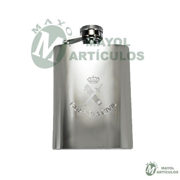 Petaca con una capacidad de 10 cl. La petaca es de acero inoxidable. especial para bebidas alcoholicas. Grabada Emblema Guardia Civil