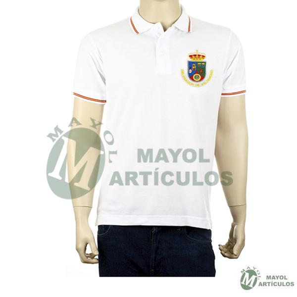 Polo Blanco con la bandera española en cuello y mangas. Escudo Asociación Polillas Valdemoro