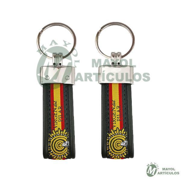 Llavero en Piel color Verde con Bandera España y Virgen del Pilar