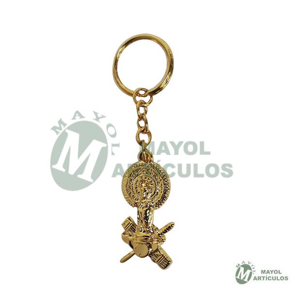 LLavero elaborado en metal dorado Figura Virgen del Pilar sobre tricornio y Emblema 