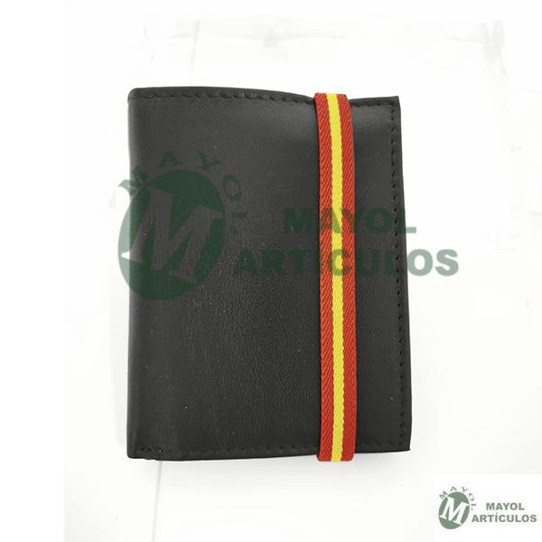 Cartera de Piel Negra con cierre de goma de la bandera de España . Tipo Libro