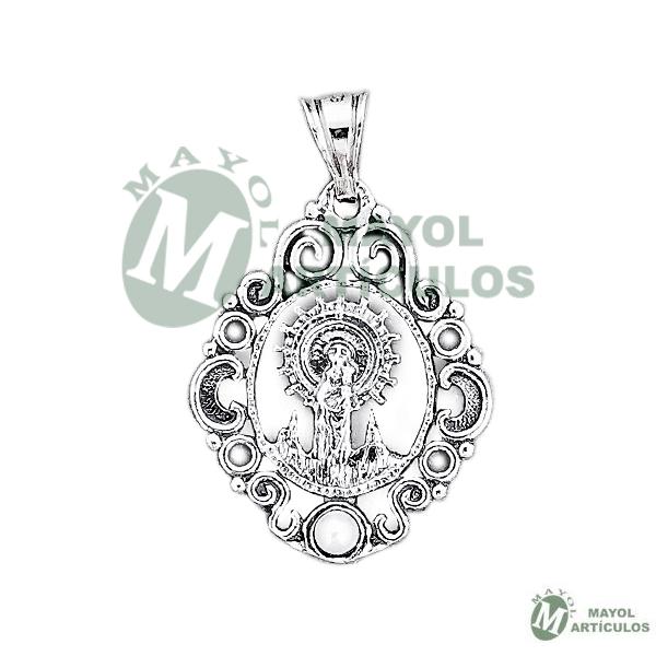 Colgante Virgen del Pilar en plata de ley con Orla decorativa detalles.