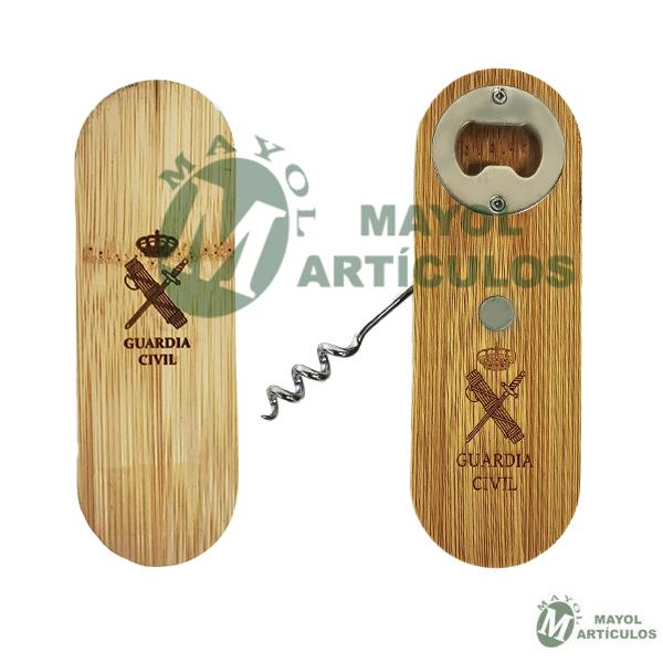 Sacacorchos de bambú  destapador de botellas  en Bambú en un única pieza, grabado con Emblema de la Guardia Civil 