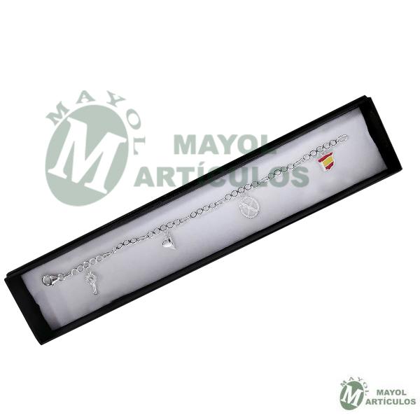 Pulsera de Plata con 4 colgantes Virgen del pilar, Emblema Guardia Civil . Tricornio y Mapa de España a color