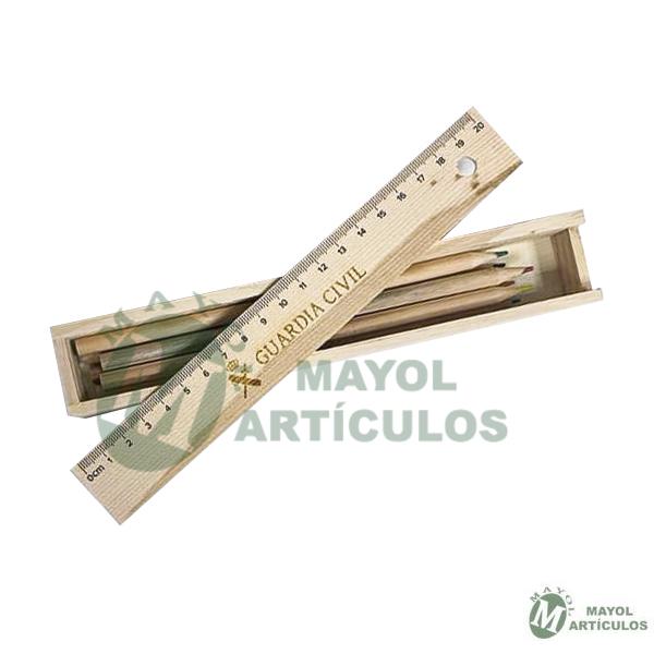 Set de 6 lapiceros de color y regla. Elaborado en madera bambú