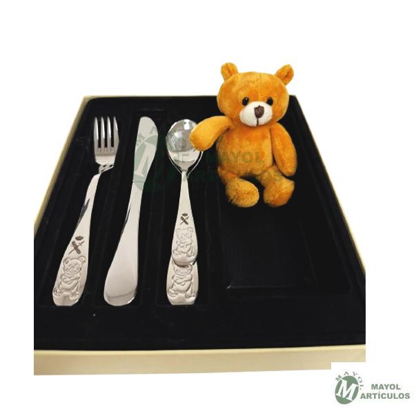 Juego de Cubiertos Infantiles 4 Piezas con Diseño de Oso + Peluche Incluido